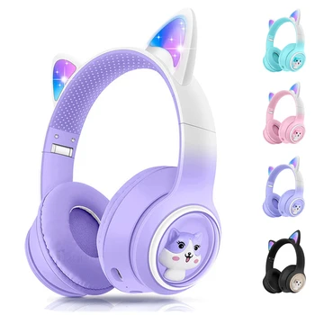 Милые наушники с кошачьими ушками со светодиодной подсветкой RGB Bluetooth 5.3 Беспроводная игровая гарнитура для ПК Музыка Hi-Fi для детей Подарки для маленьких девочек