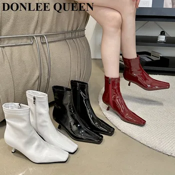 Модные ботильоны 2023 г. Женская зимняя обувь Брендовые ботильоны Челси на среднем каблуке с квадратным носком Элегантные короткие ботинки из лакированной кожи Mujer