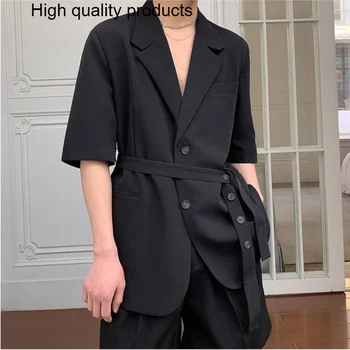 Модные Мужские повседневные блейзеры 2023, Однотонный Корейский костюм для отдыха с отворотом и длинным рукавом и поясом, красивая уличная одежда, Мужские куртки 2XL
