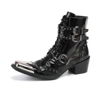Модные мужские черные ботинки из натуральной кожи в стиле панк, мотоциклетные ботинки с металлическим квадратным носком, пряжкой и заклепками, мужские вечерние ботильоны 