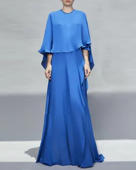Модные синие вечерние платья 2023 с круглым вырезом и длинными рукавами, Шифоновые вечерние платья для выпускного вечера, Арабский халат для вечеринок в стиле знаменитостей