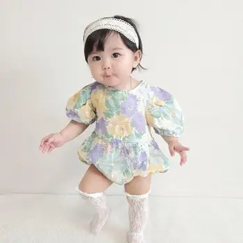 Модный Боди с короткими рукавами и цветочным принтом для маленьких Девочек Хлопковая Одежда Принцессы 2023 Летний Новый Детский Комбинезон Одежда для маленьких девочек