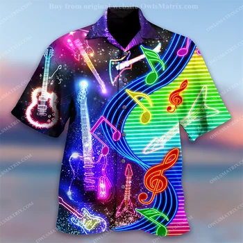 Мужская Гавайская Рубашка в Стиле 3d Music, Рубашка для Мужчин, Повседневная Модная Рубашка С Коротким Рукавом И Лацканами, Дышащий Топ, Свободная Негабаритная Мужская Одежда