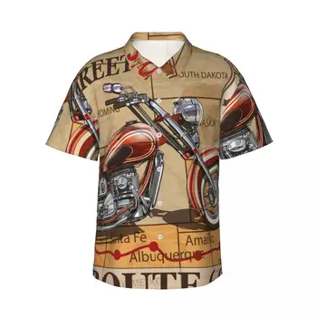Мужская рубашка, винтажный плакат с мотоциклом Route 66, рубашка с коротким рукавом, летняя рубашка, мужская рубашка с отложным воротником и пуговицами, мужская одежда