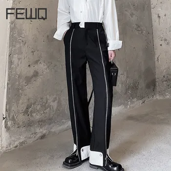 Мужские брюки FEWQ, Осенний Индивидуальный контрастный дизайн на молнии, Модные повседневные уличные мужские брюки 2023 года, Темперамент