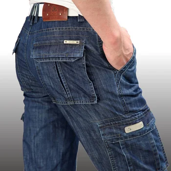 Мужские джинсы Spring Softener, стрейчевые мотоциклетные джинсовые брюки, повседневные прямые длинные брюки в стиле милитари с несколькими карманами, брюки-карго для ног
