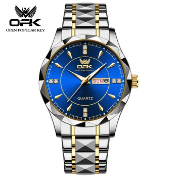 Мужские кварцевые часы OPK класса люкс с двойным календарем, Классические деловые мужские наручные часы, водонепроницаемые люминесцентные мужские часы из нержавеющей стали