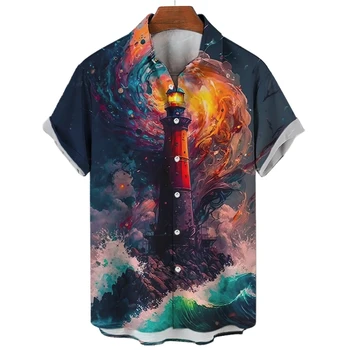 Мужские рубашки Lighthouse С летним 3D-принтом 2023, Повседневные модные гавайские рубашки с короткими рукавами на пуговицах Man Street, мужская одежда, футболка