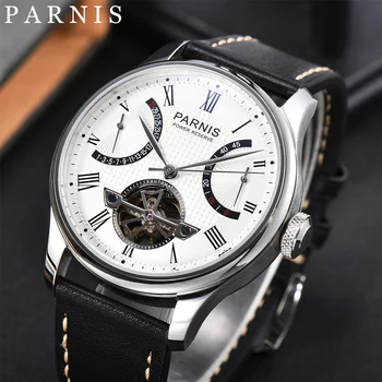 Мужские часы Parnis с автоматическим запасом хода 43 мм, маховик, циферблат, ремешок из натуральной кожи
