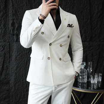 Мужской высококлассный двубортный костюм M-5XL (костюм + брюки), Модный Деловой Красивый Корейский приталенный однотонный костюм, комплект из двух предметов