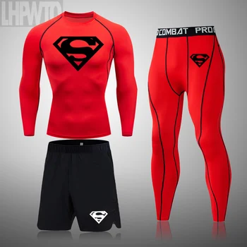Мужской комплект для бега с супергероями, спортивная компрессионная футболка с длинным рукавом, леггинсы для спортзала, быстросохнущий спортивный костюм 