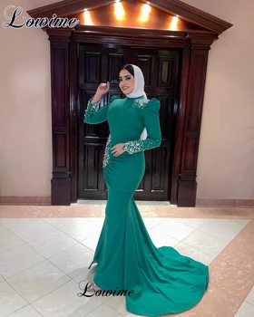 Мусульманские зеленые вечерние платья в Дубае, большие размеры, русалка, платья для выпускного вечера с длинными рукавами, кристаллы, платья для свадебной вечеринки, Халаты De Soirée