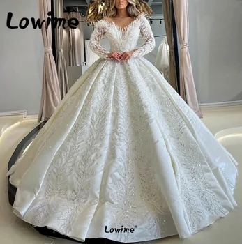 Мусульманские Свадебные платья с длинными рукавами и аппликацией из бисера и жемчуга, Арабские Свадебные платья Дубая, большие размеры, Свадебные платья на заказ, Бежевое платье невесты 2023