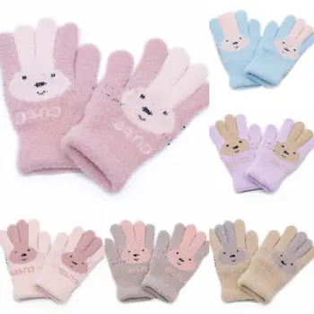 Мягкие зимние шерстяные перчатки с милым кроликом для маленьких девочек, вязаные детские перчатки для девочек