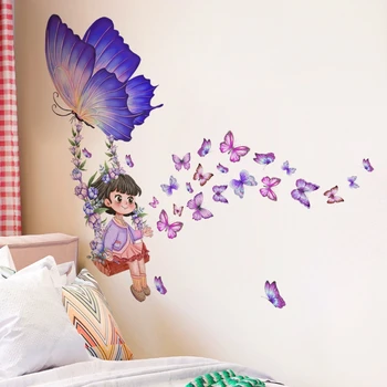 Наклейка на стену с рисунком мультфильма и бабочки, фоновое украшение в виде бабочки для девочки-качели, Наклейка на стену из ПВХ
