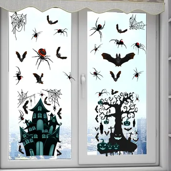 Наклейки на окно на Хэллоуин, черные летучие мыши, паук, Дом с привидениями, тыквы, призрак, страшный скелет, наклейки, принадлежности для вечеринки на Хэллоуин