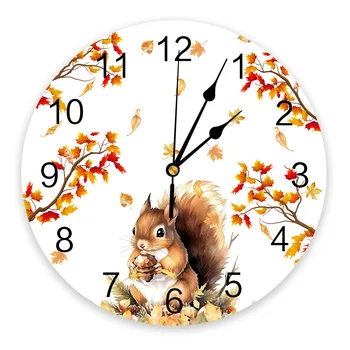 Настенные часы с осенней белкой и кленовым листом, бесшумные цифровые часы для украшения дома, спальни, кухни, подвесные часы