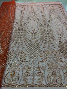 Нигерийская ткань из бисерной трубки 2023 Оранжевого цвета, высококачественная роскошная вышивка ручной работы, тяжелая кружевная ткань из бисера, свадебное платье