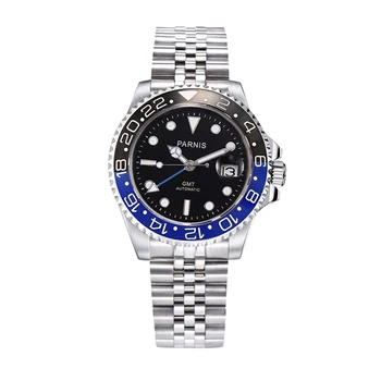 Новая мода Parnis 40 мм, сине-черный ободок, Механические Автоматические Мужские часы GMT, сапфировое стекло, relojes hombre, Мужские часы