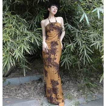 Новое цветущее платье на бретельках в китайском стиле, летнее платье с разрезом на спине в китайском стиле в стиле ретро, женское платье