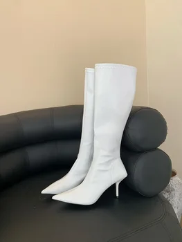 Новые Ботинки Женская Обувь На Низком Каблуке С Острым Носком И Молнией Сзади Из Мягкой Кожи Botas Largas De Mujer, Однотонные Лаконичные Туфли-лодочки