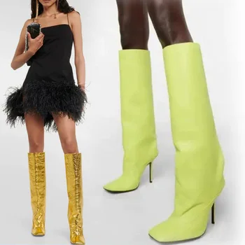 Новые Женские сапоги до колена с квадратным носком, Женские ботинки средней длины на высоком каблуке-шпильке, Женские Модные Вечерние Botas de mujer