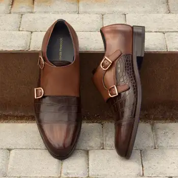 Новые коричневые мужские монашеские туфли из искусственной кожи с круглой головкой и узором 
