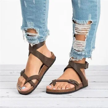 Новые летние однотонные сандалии 2023 года, набор носков, модные кожаные пробковые сандалии на шнуровке с перекрестной шнуровкой, Повседневные уличные пляжные сандалии для женщин