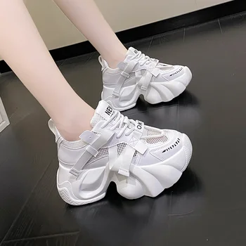Новые модные летние женские кроссовки на платформе, Повседневная обувь с дышащей сеткой на толстой подошве, Спортивная обувь для папы на высоком каблуке 7,5 см, женская обувь для папы