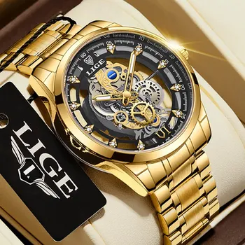 Новые мужские часы Skeleton Кварцевые наручные часы Gold Skeleton Ретро Мужские часы Лучший бренд Класса Люкс Мужские часы Reloj Hombre