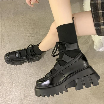 Новые эластичные вязаные ботильоны на массивном каблуке для женщин, черные ботинки на танкетке и платформе, женские модные туфли на высоком каблуке со шнуровкой