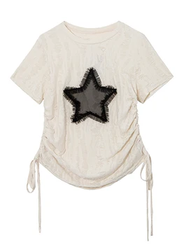 Новый дизайн, укороченный топ со звездной графической вышивкой, футболка 2023, Женские Летние футболки с круглым вырезом и рукавами на шнуровке, Корейская сексуальная девушка