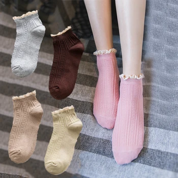 Носки с оборками для женщин и девочек, мягкие хлопчатобумажные носки ярких цветов в стиле харадзюку, Удобные дышащие Короткие носки до щиколоток с кружевными оборками
