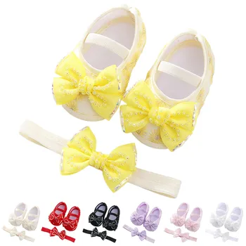 Обувь для новорожденных, мягкая обувь для прогулок для маленьких девочек, Обувь для крещения для младенцев, Ходунки для малышей, Обувь принцессы с бантом, Zapatillas + Повязка на голову