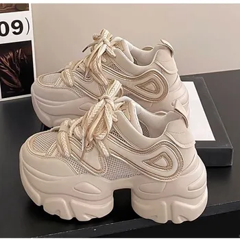 Обувь на платформе на танкетке 8 см, женская спортивная обувь для папы, Осень 2023, женские массивные кроссовки, Повседневная обувь из дышащей сетки.