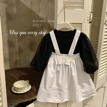 Одежда для девочек, осень 2023, новое модное Детское платье на бретельках, Корейский однотонный комплект из двух предметов