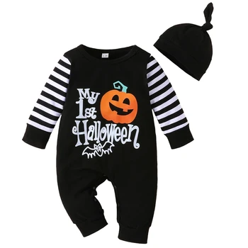 Одежда для новорожденных мальчиков на Хэллоуин, комбинезон с тыквой / пауком / буквенным принтом, комбинезон с длинным рукавом и шапочкой для малышей, осенняя одежда