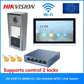 Оригинальный комплект видеодомофона HIKVISION с поддержкой POE на нескольких языках, включающий DS-KV8113-WME1 (C) и DS-KH6350-WTE1 и переключатель PoE