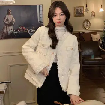 Осенне-зимний короткий твидовый пиджак, женский корейский модный тренд, роскошная однобортная блузка с круглым вырезом, пальто, топы