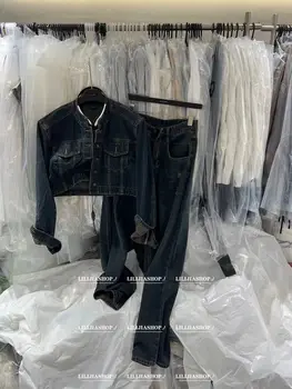 Осенний новый дизайн, короткое джинсовое пальто со стоячим вырезом, широкие брюки с высокой талией, модный комплект из двух предметов для пикантных девушек, женская одежда