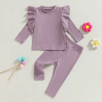 Осенняя одежда для маленьких девочек, однотонные топы с длинными рукавами в рубчик и эластичные штаны, комплекты для новорожденных, комплект одежды из 2 предметов