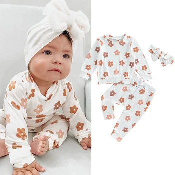 Осенняя одежда для новорожденных девочек, футболки с длинными рукавами с цветочным принтом, Толстовки, Брюки, Комплекты домашних пижам