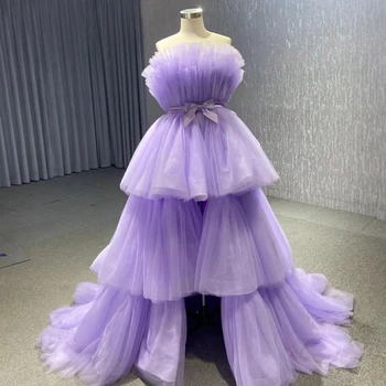Очаровательное фиолетовое бальное платье, вечерние платья для женщин, без бретелек, без рукавов, с вентиляционным поясом, с бантом, Плиссированные многоуровневые вечерние платья для выпускного вечера