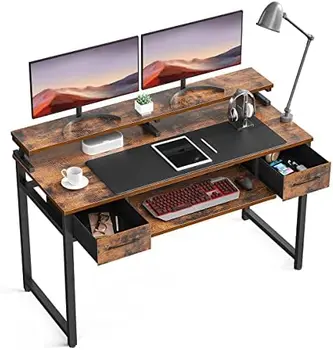 Письменный стол с Подставкой для клавиатуры и Выдвижными ящиками, 55-дюймовый Офисный стол с Местом для хранения Вещей, Письменный стол с Полкой для Монитора, Рабочая станция для Рабочего стола