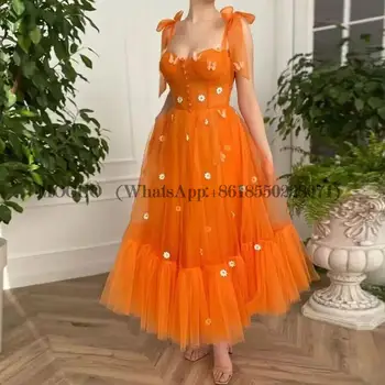 Платье для выпускного вечера с цветами, вечерние платья на тонких бретельках, оранжевые вечерние платья для выпускного длиной до щиколоток, Vestidos De Gala