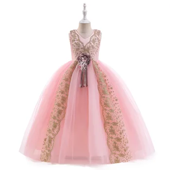 Платье для девочки в цветочек из кованой ткани Длинное платье принцессы в цветочек для детского фортепианного представления