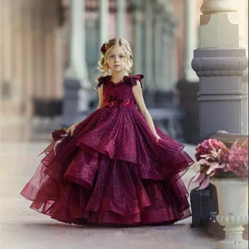 Платье для девочки в цветочек Бордового цвета, пышный Тюль, кружевное свадебное платье с бисером, Винтажное платье для детского причастия, праздничный ужин на День рождения