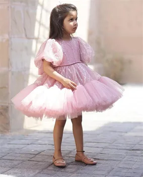 Платье для девочки с цветочным узором, Розовый многослойный тюль, Блестящий круг, Короткий рукав, Свадебное Элегантное платье с цветочным узором для детского евхаристического дня рождения.