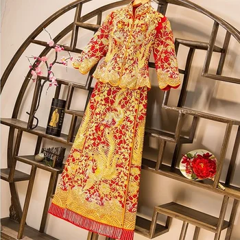 Платье Дракона, свадебный топ невесты + юбка, костюм Феникс, вечернее платье Чонсам, одежда для шоу-церемонии, Тонкий стиль для зарубежных китайцев
