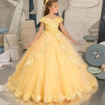 Платье с цветочным узором для девочки, Желтое, пушистое, тюлевое, с 3D аппликацией, Свадебное, Элегантное, в цветочек, детское, Праздничное, праздничное платье принцессы для Причастия, Вечеринки